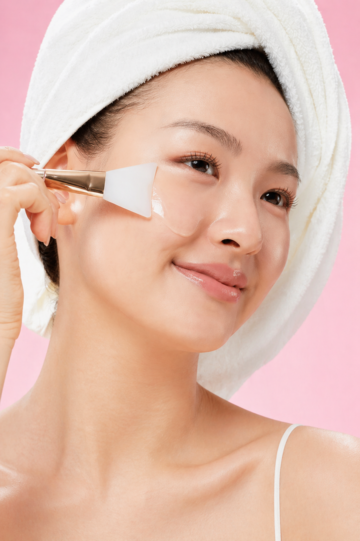 Top-down hand smoothing clear gel onto cheek with silicone spatula